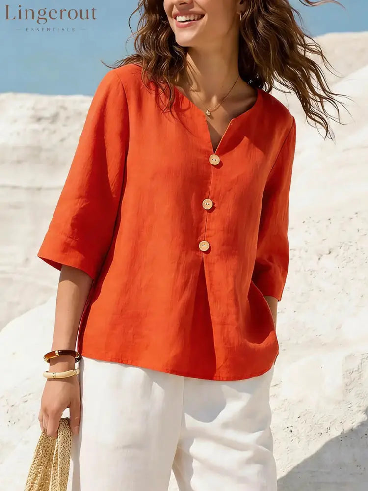 Linen-Blend Button-Front Top – Soft Textured 3/4 Sleeve Blouse - Orange red / S