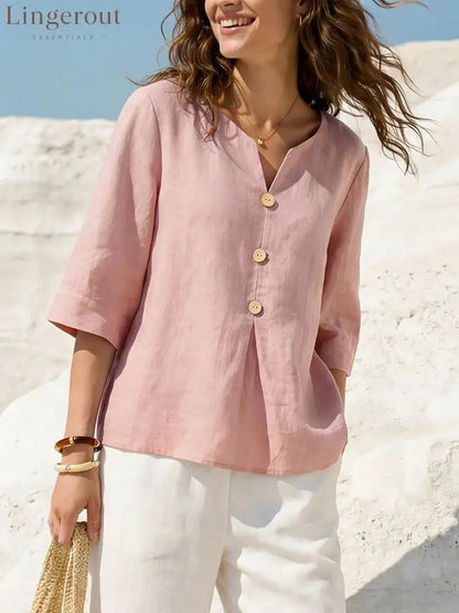 Linen-Blend Button-Front Top – Soft Textured 3/4 Sleeve Blouse - Pink / S