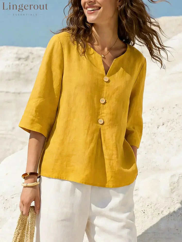 Linen-Blend Button-Front Top – Soft Textured 3/4 Sleeve Blouse - Yellow / S