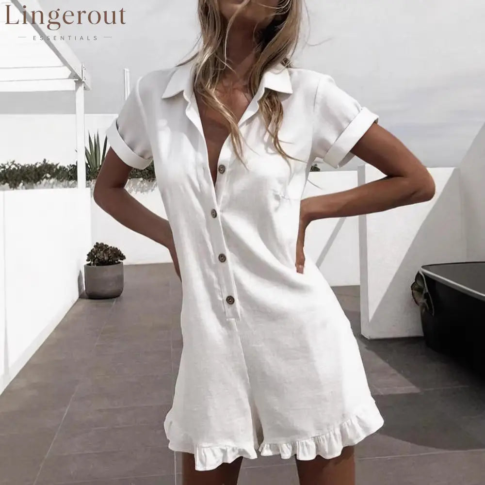 Linen Blend Lapel Shirt Ruffle Hem Short Romper Jumpsuit