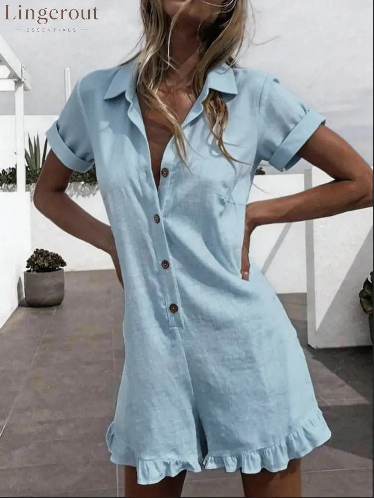 Linen Blend Lapel Shirt Ruffle Hem Short Romper Jumpsuit - Sky blue / S