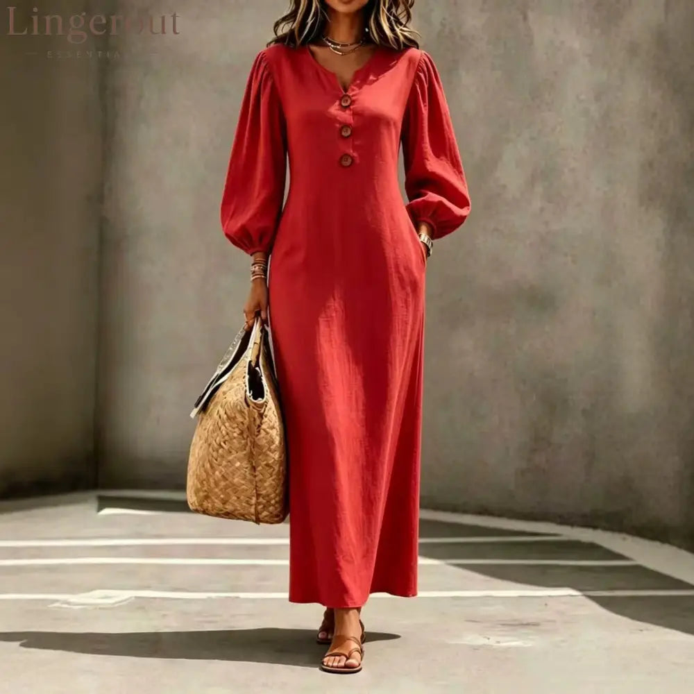 Linen Blend Notch V Neck Balloon Sleeve Maxi Dress