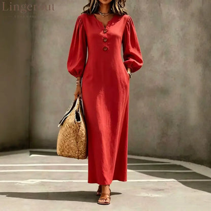 Linen Blend Notch V Neck Balloon Sleeve Maxi Dress