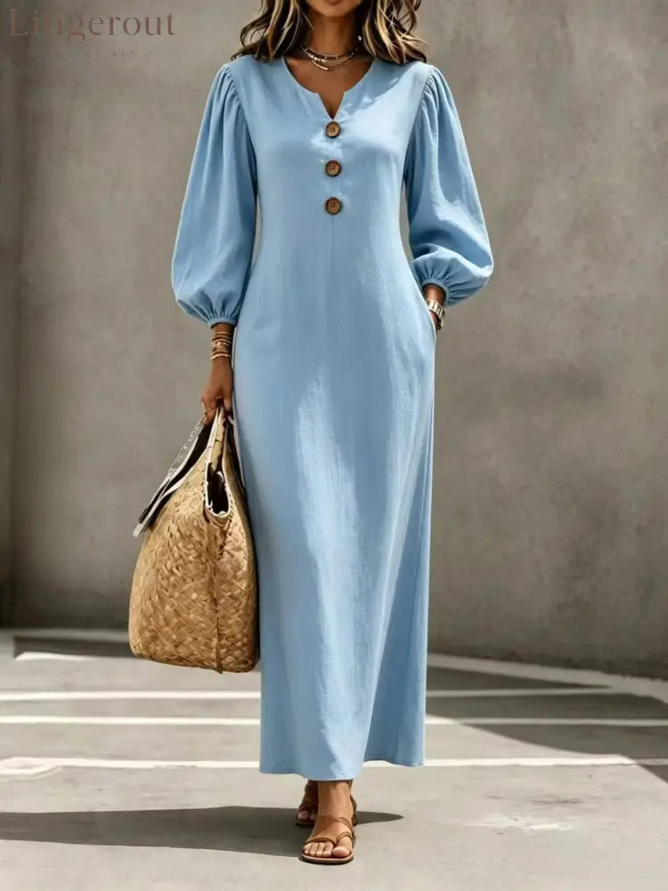 Linen Blend Notch V Neck Balloon Sleeve Maxi Dress - Light blue / S