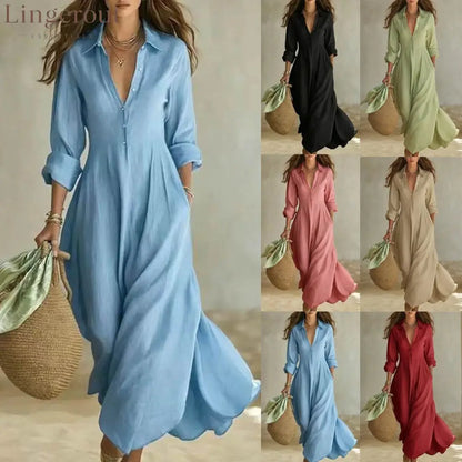 Linen-Blend Shirt Dress – Flowing Maxi Button-Front Dress
