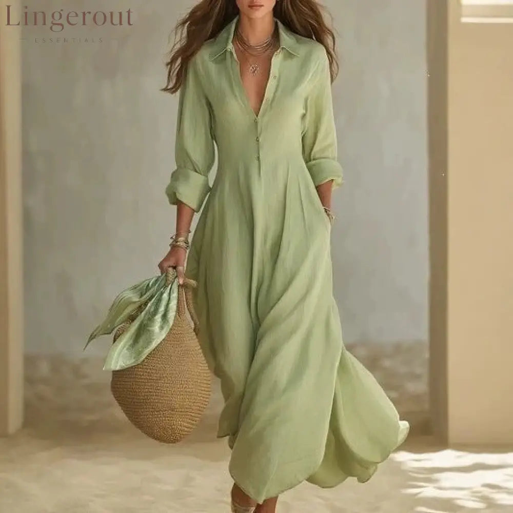 Linen-Blend Shirt Dress – Flowing Maxi Button-Front Dress