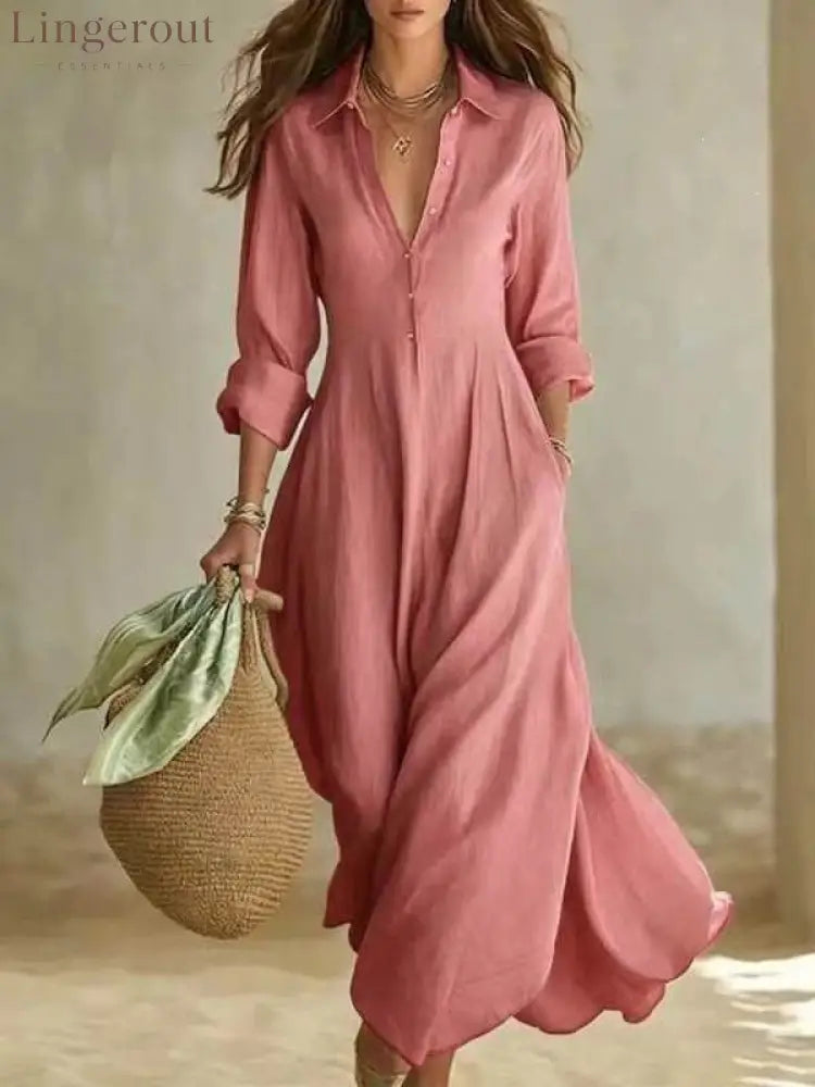 Linen-Blend Shirt Dress – Flowing Maxi Button-Front Dress