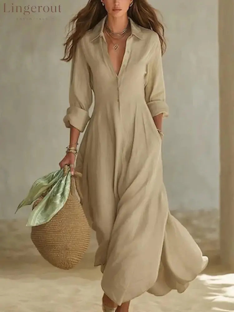 Linen-Blend Shirt Dress – Flowing Maxi Button-Front Dress - Camel / S