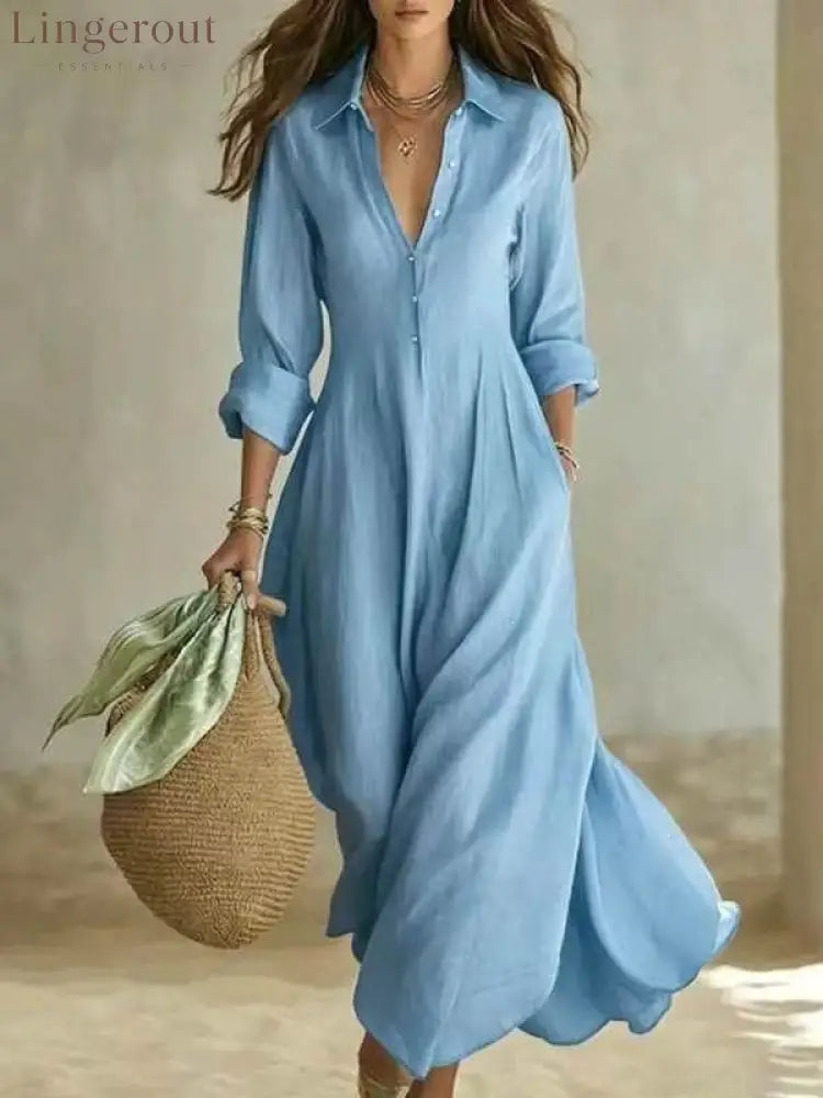 Linen-Blend Shirt Dress – Flowing Maxi Button-Front Dress - Sky blue / S