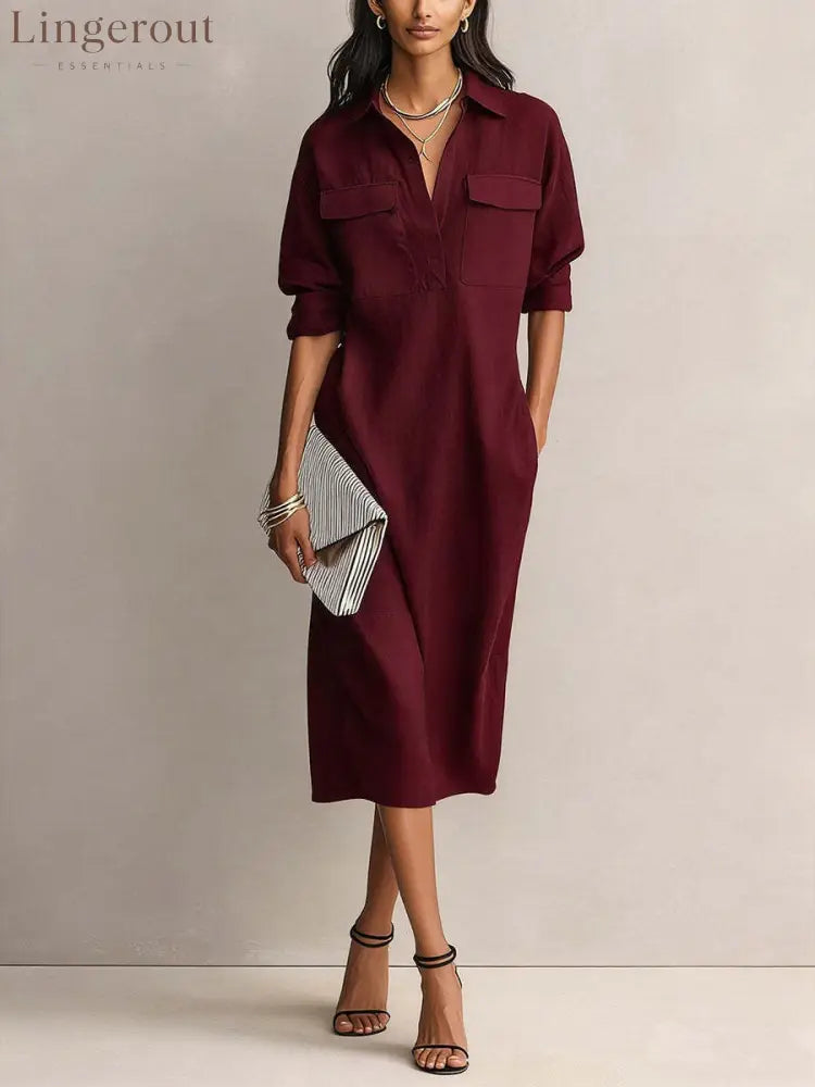 Linen Blend Shirt Midi Dress - Burgundy / S