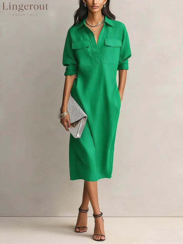 Linen Blend Shirt Midi Dress - Green / S