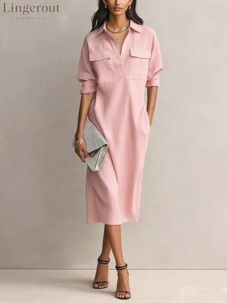 Linen Blend Shirt Midi Dress - Pink / S