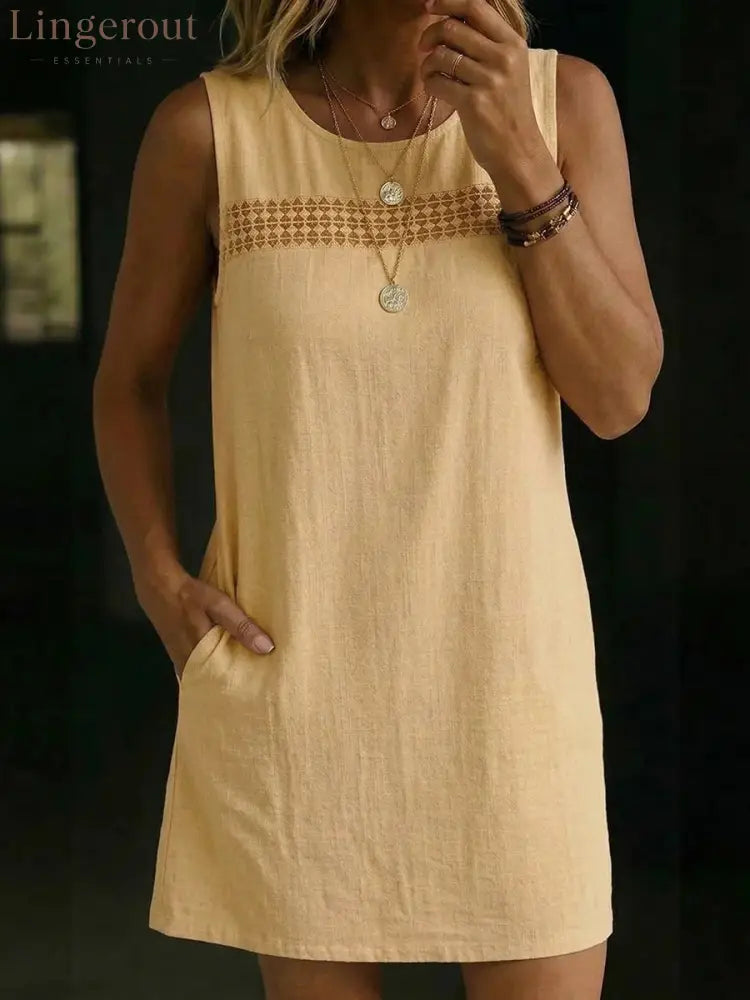 Linen-Blend Sleeveless Shift Dress - Lemon yellow / S