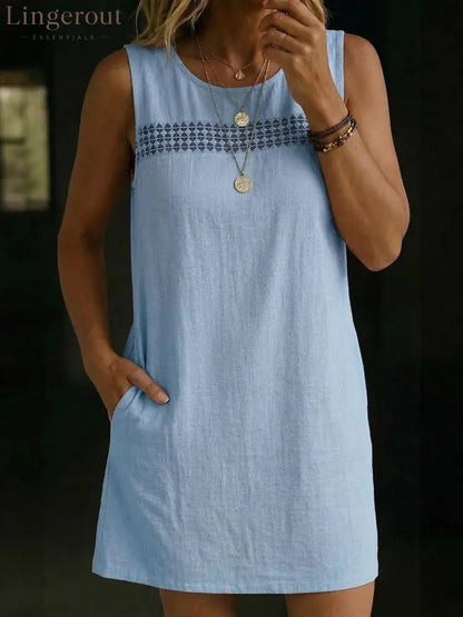 Linen-Blend Sleeveless Shift Dress - Light blue / S