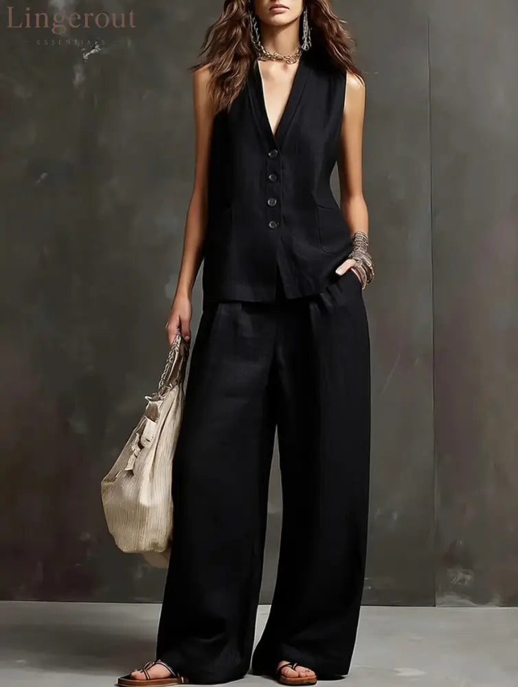 Linen Blend Sleeveless Vest & Wide-Leg Pants Set - Black / S