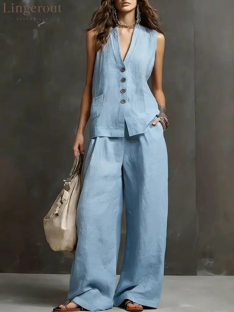Linen Blend Sleeveless Vest & Wide-Leg Pants Set - Light blue / S