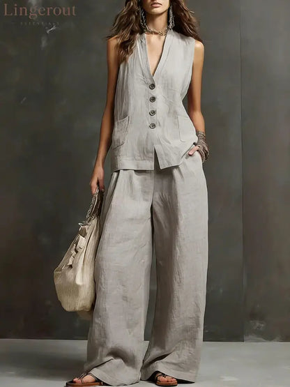 Linen Blend Sleeveless Vest & Wide-Leg Pants Set - Light gray / S