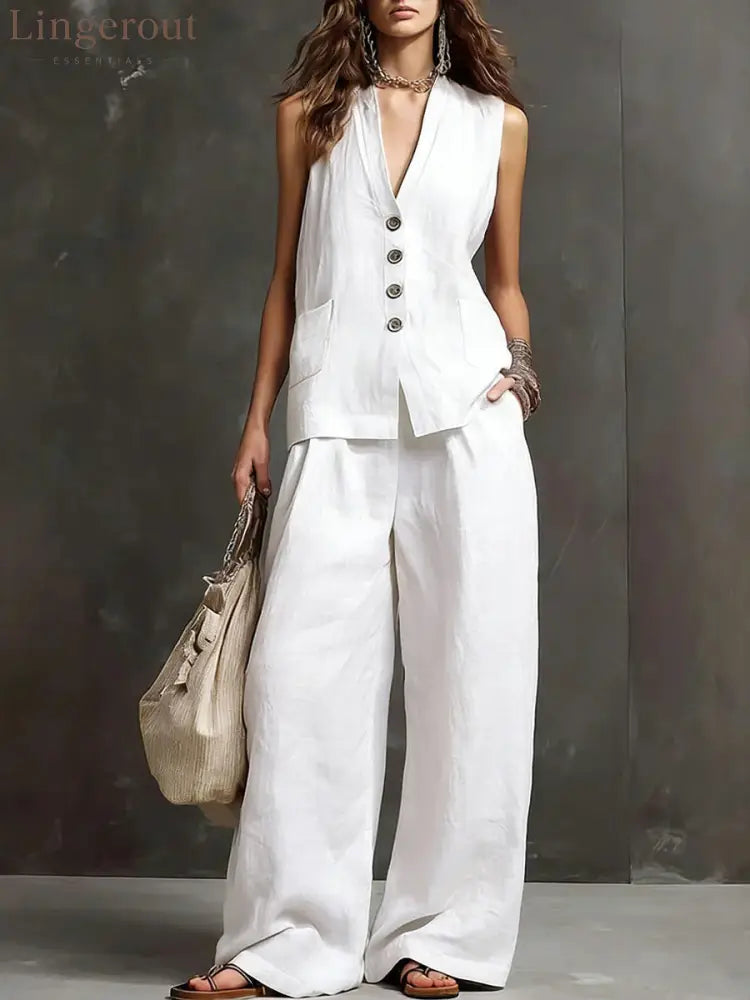 Linen Blend Sleeveless Vest & Wide-Leg Pants Set - White / S