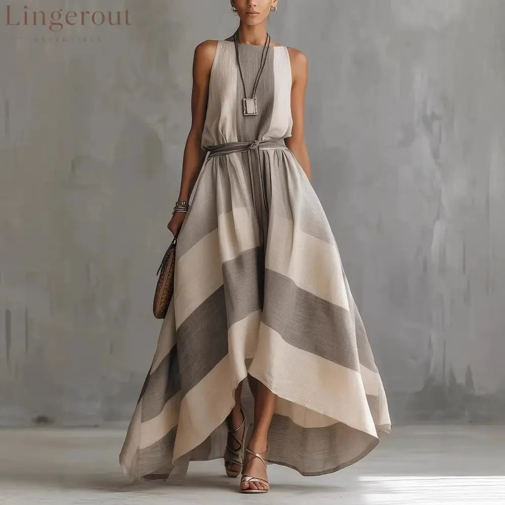 Linen Blend Striped Sleeveless Maxi Dress