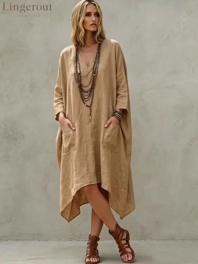 Linen Blend V-Neck 3/4 Sleeve Irregular Hem Midi Dress With Side Pockets - Camel / S