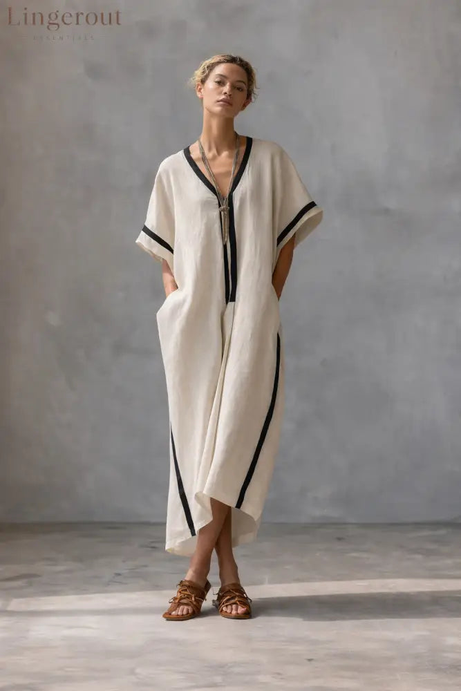 Linen Blend V-Neck Kaftan Dress - Apricot / XS
