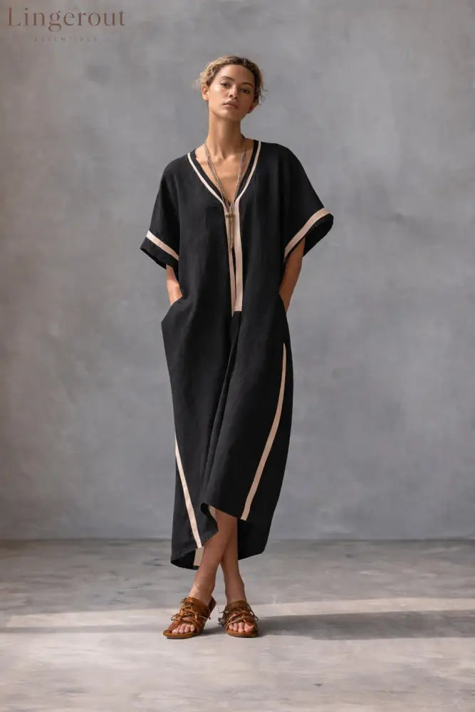Linen Blend V-Neck Kaftan Dress - Black / XS