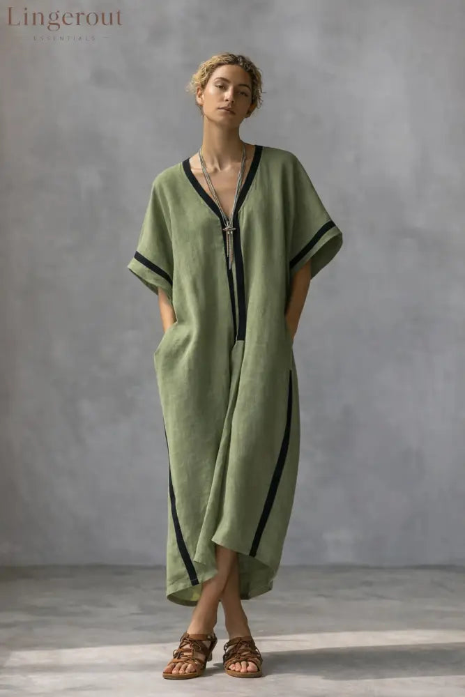 Linen Blend V-Neck Kaftan Dress - Green / XS