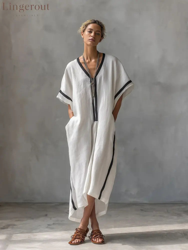 Linen Blend V-Neck Kaftan Dress - White / XS