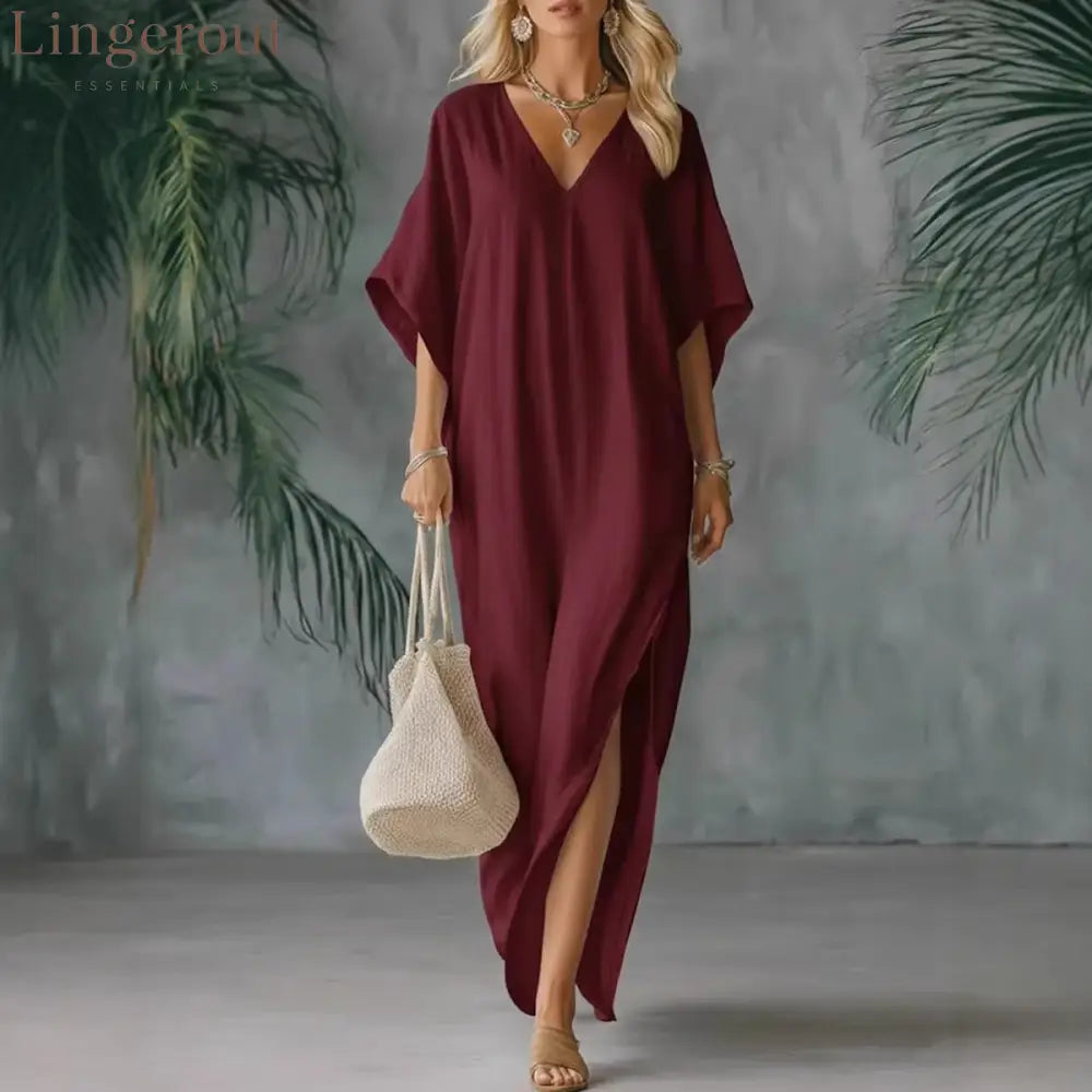 Linen Blend V-Neck Kaftan Maxi Dress - Burgundy / S