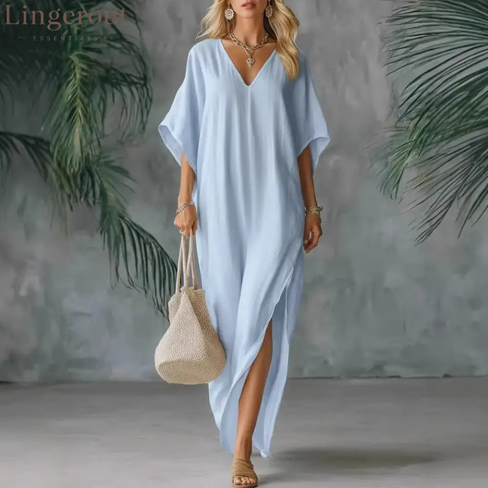 Linen Blend V-Neck Kaftan Maxi Dress - Light blue / S