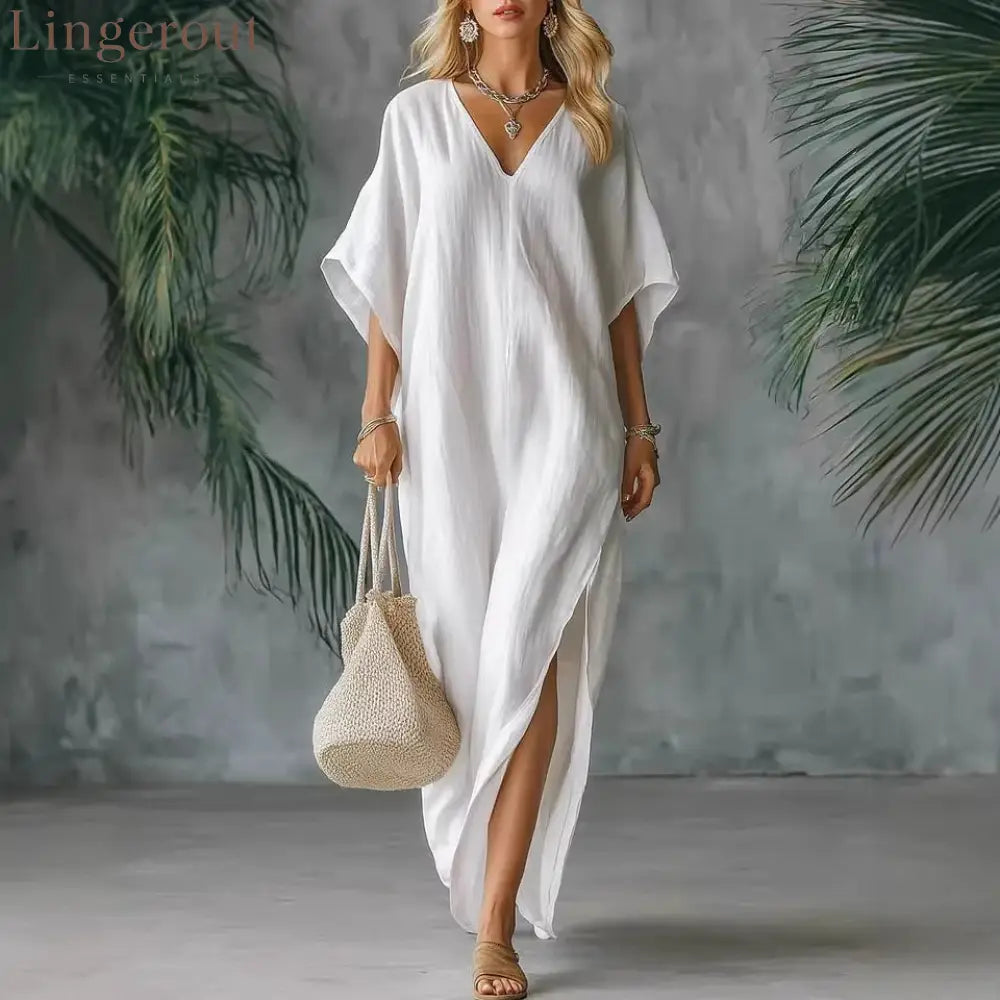 Linen Blend V-Neck Kaftan Maxi Dress - White / S