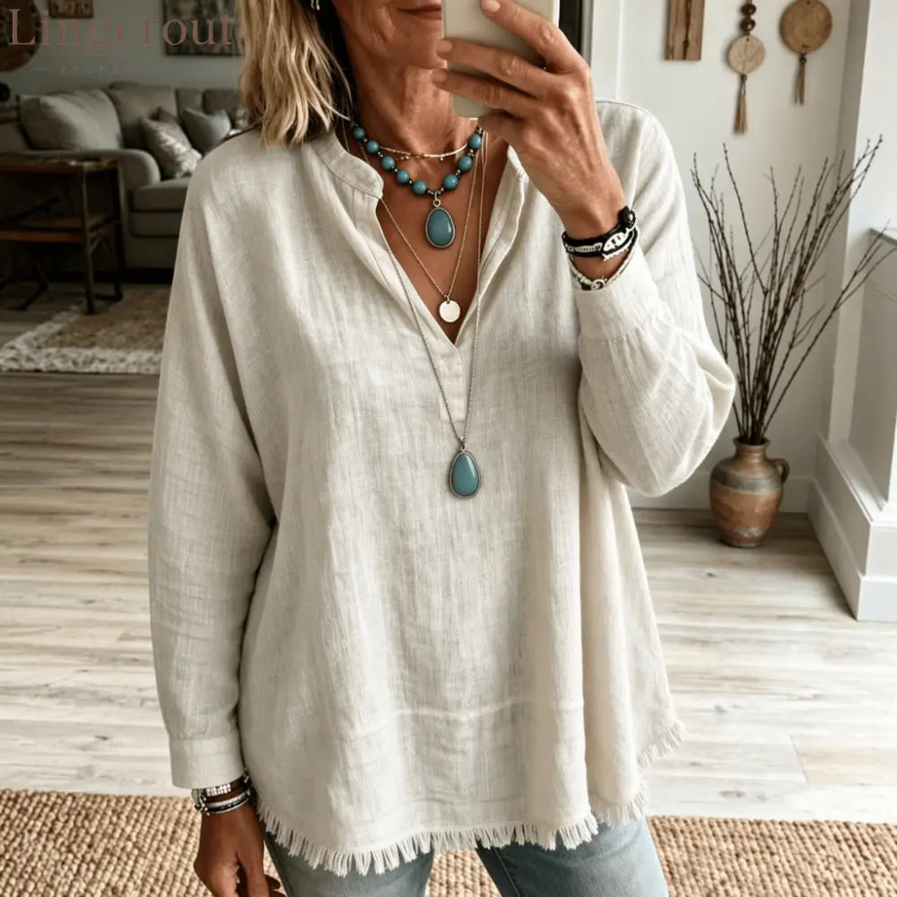 Linen Blend V‑Notch Stand Collar Fringe Hem Blouse