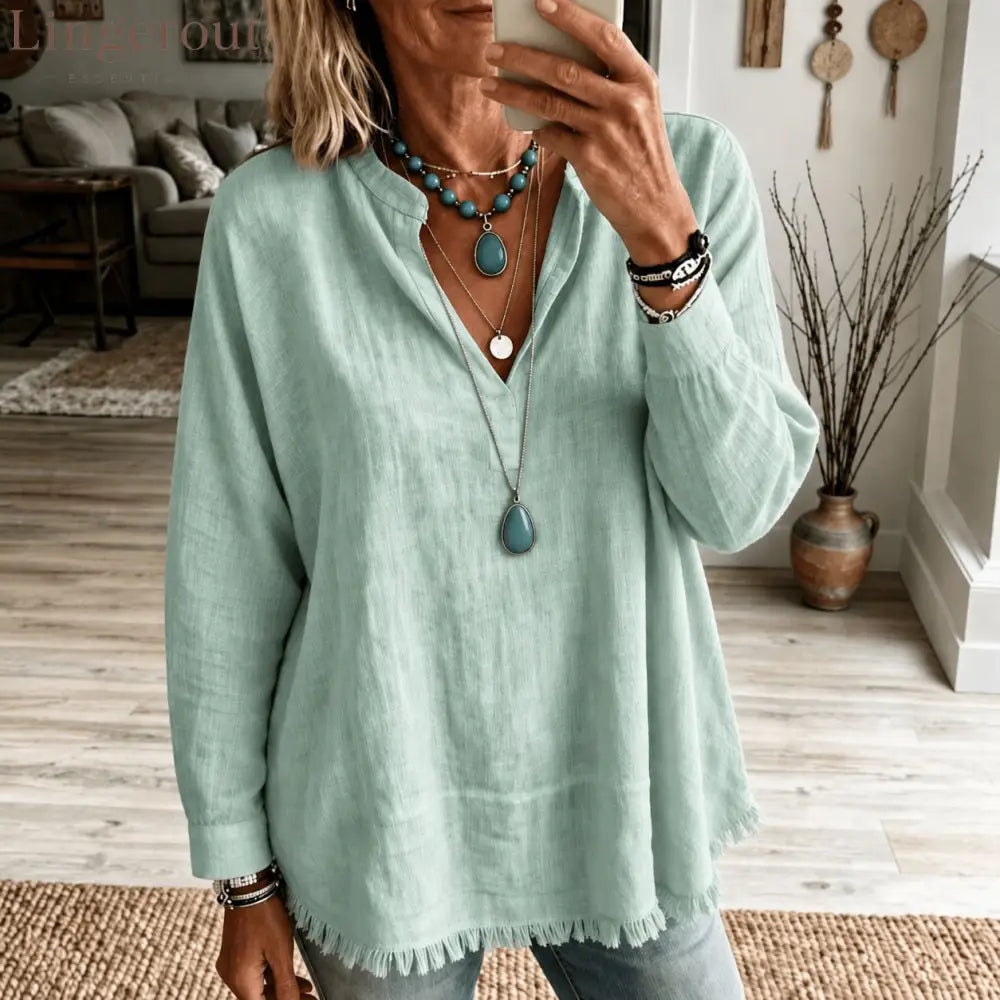 Linen Blend V‑Notch Stand Collar Fringe Hem Blouse - Light green / S
