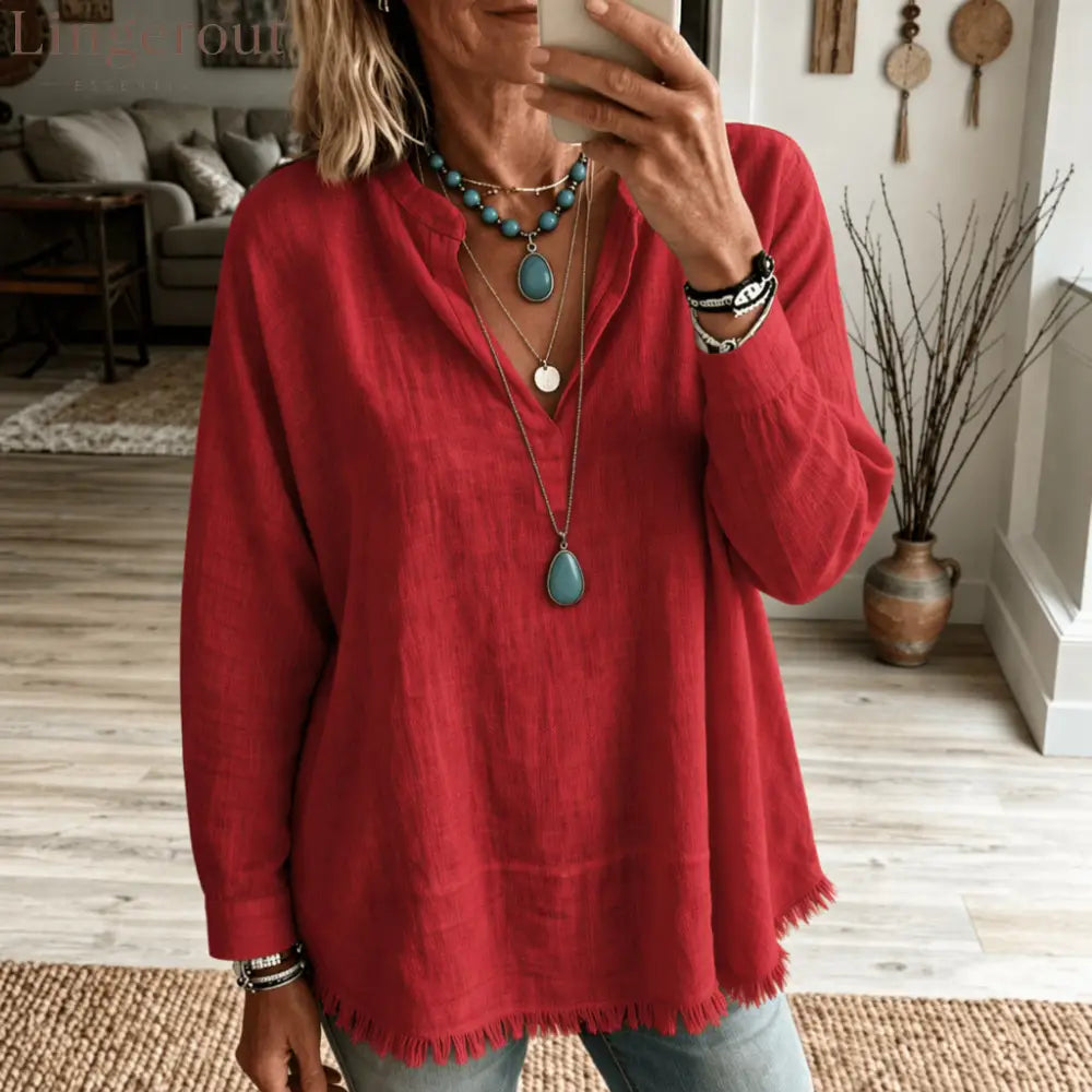 Linen Blend V‑Notch Stand Collar Fringe Hem Blouse - Red / S