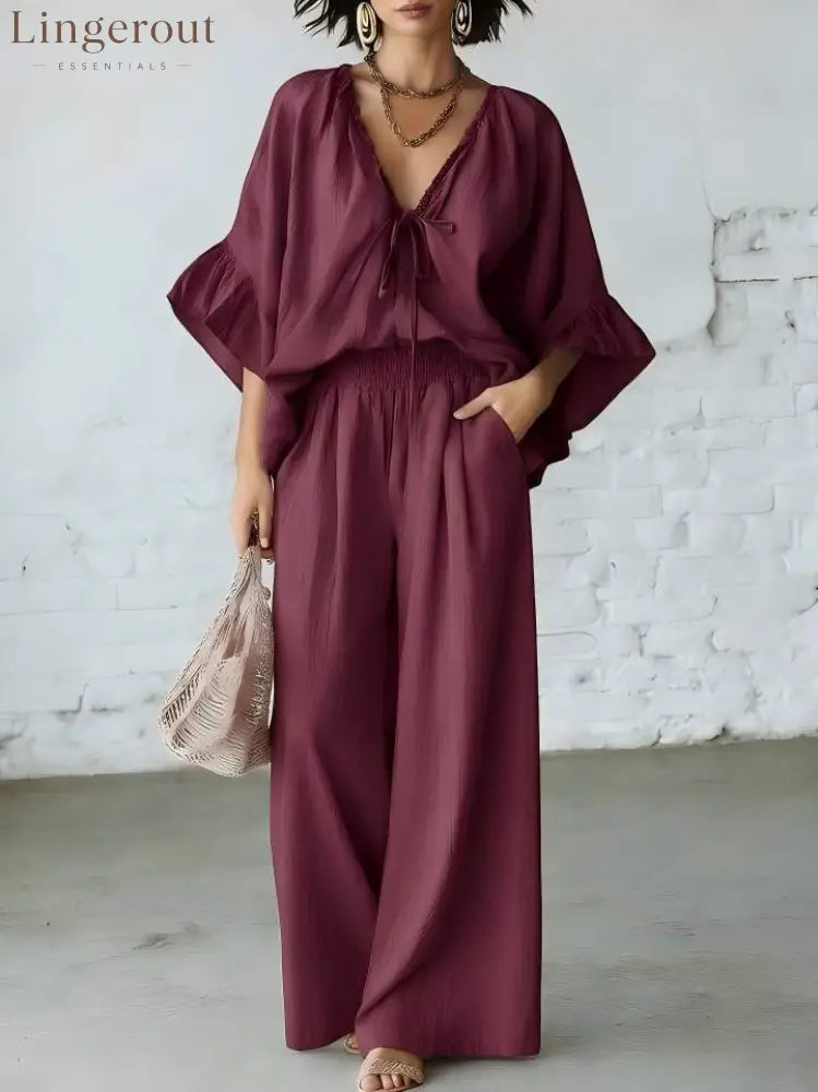 Linen Blend Vacation Two Piece Matching Set - Claret / S
