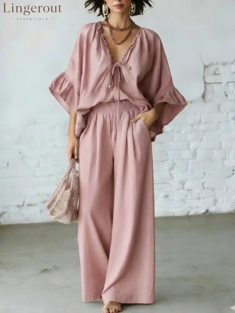 Linen Blend Vacation Two Piece Matching Set - Pink / S