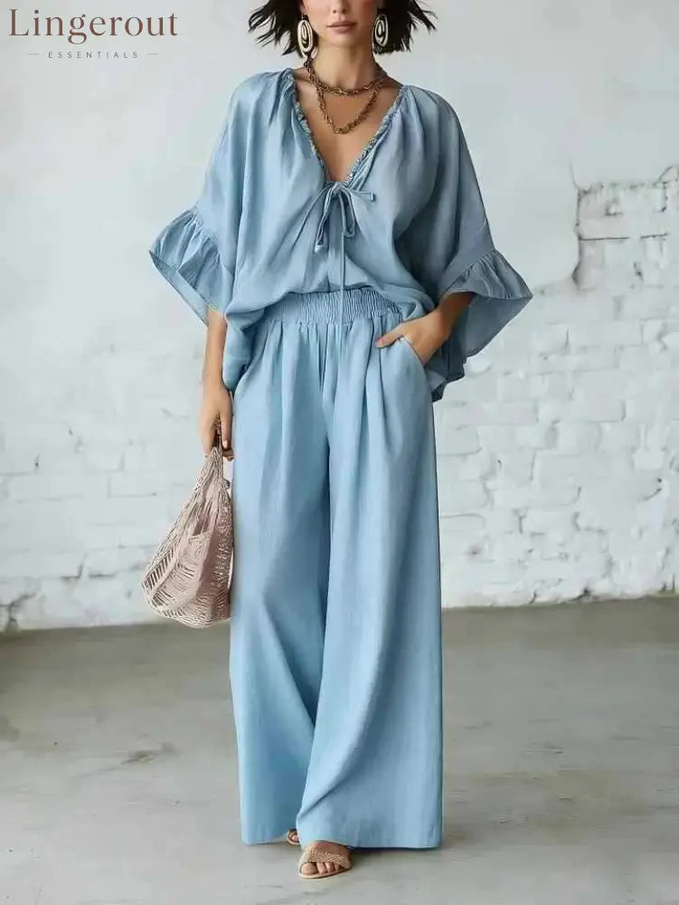 Linen Blend Vacation Two Piece Matching Set - Sky blue / S