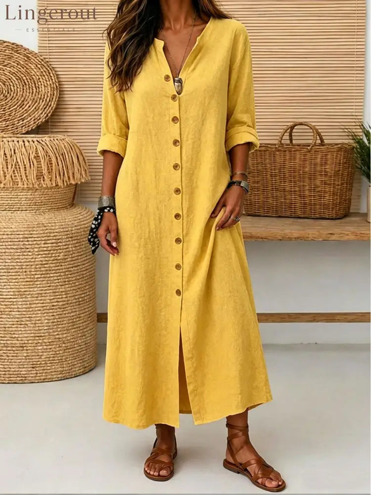 Linen Button-Down Maxi Dress - Yellow / S