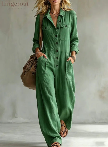 2026 Cross-Border Women’S Workwear Linen Jumpsuit Lapel Long-Sleeved Wide-Leg Jumpsuit Loose Vacation Overalls - Green
