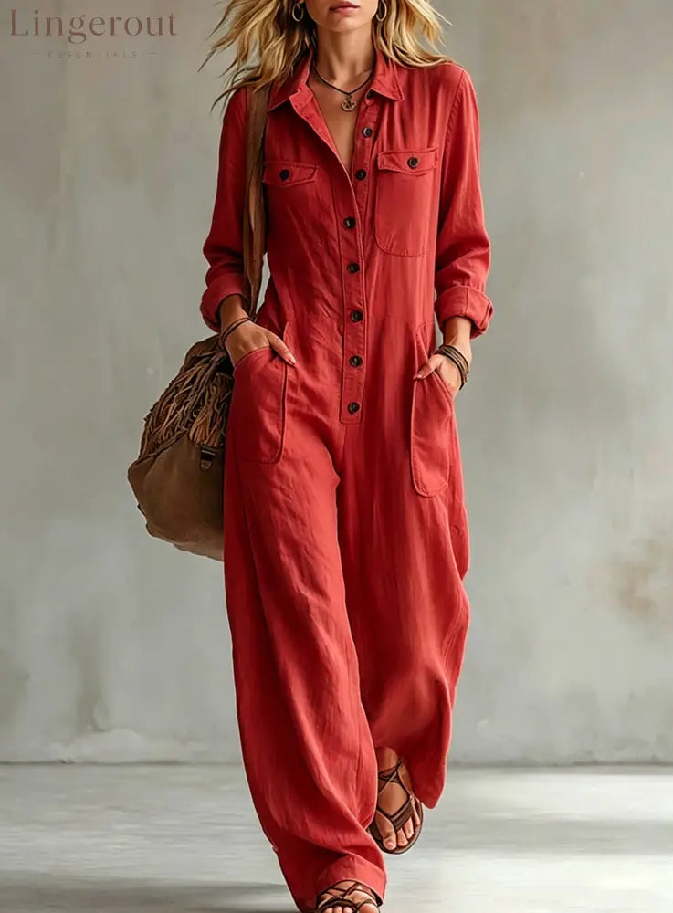 2026 Cross-Border Women’S Workwear Linen Jumpsuit Lapel Long-Sleeved Wide-Leg Jumpsuit Loose Vacation Overalls