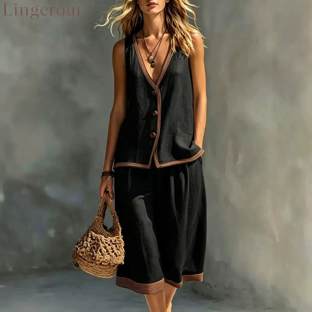 Linen Contrast‑Trim Vest & Culottes Two‑Piece Set