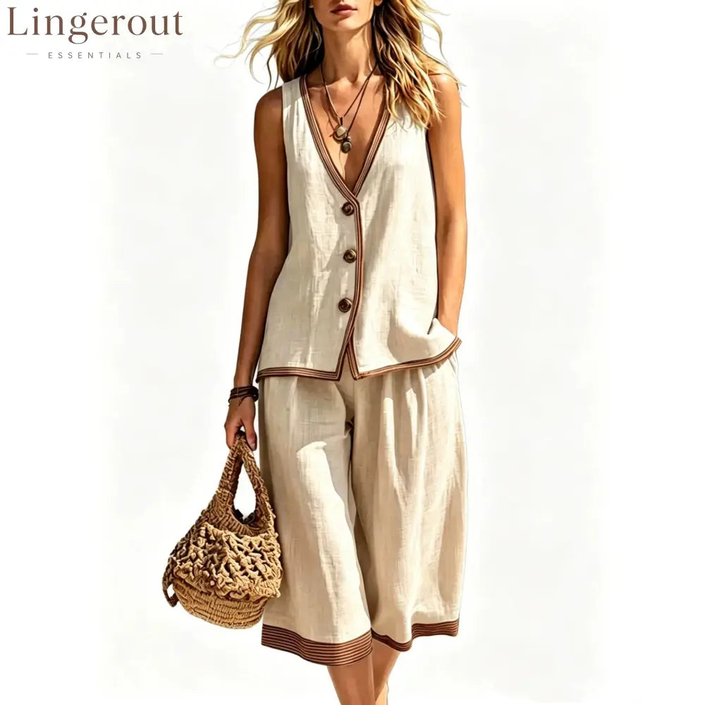 Linen Contrast‑Trim Vest & Culottes Two‑Piece Set