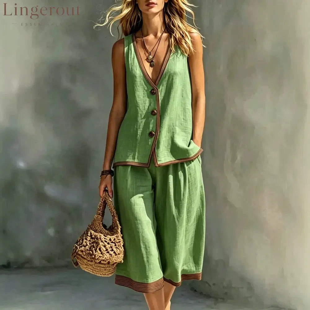 Linen Contrast‑Trim Vest & Culottes Two‑Piece Set