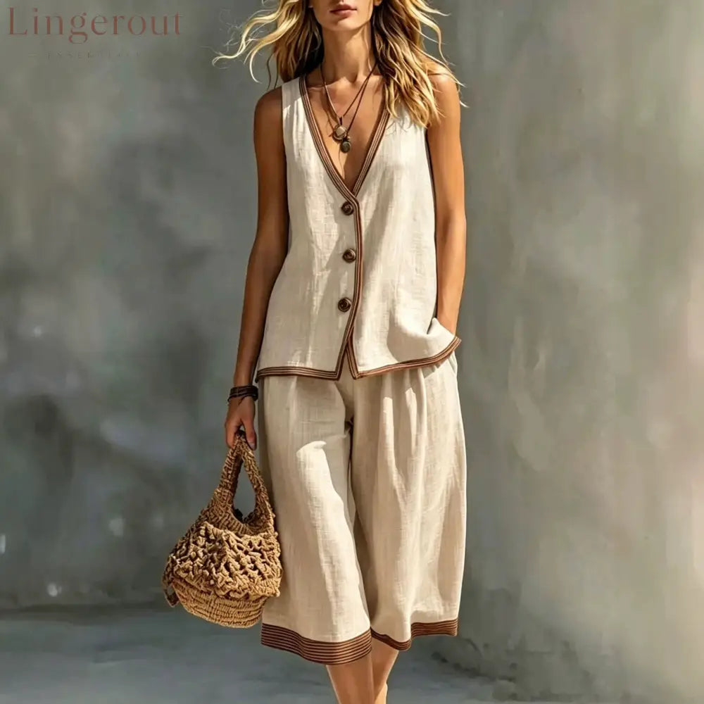 Linen Contrast‑Trim Vest & Culottes Two‑Piece Set