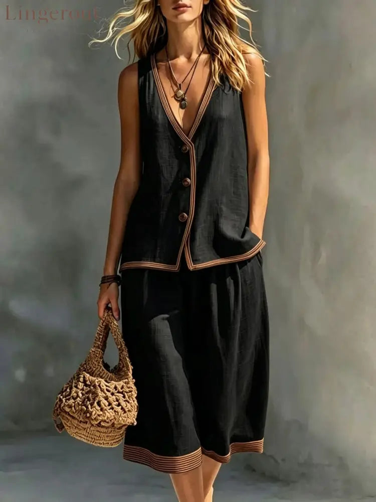 Linen Contrast‑Trim Vest & Culottes Two‑Piece Set - Black / XS