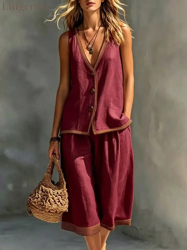Linen Contrast‑Trim Vest & Culottes Two‑Piece Set - Claret / XS