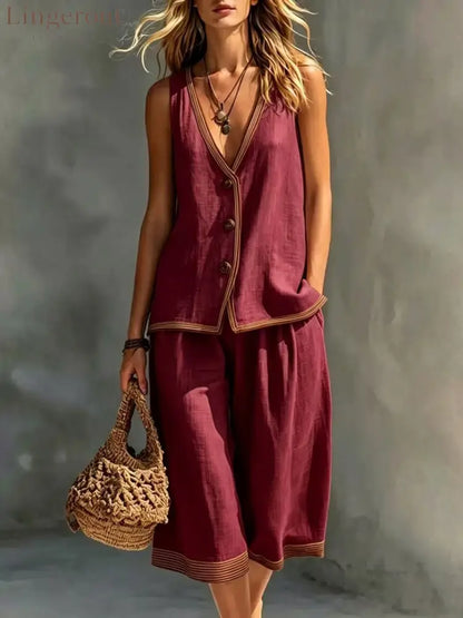Linen Contrast‑Trim Vest & Culottes Two‑Piece Set - Claret / XS