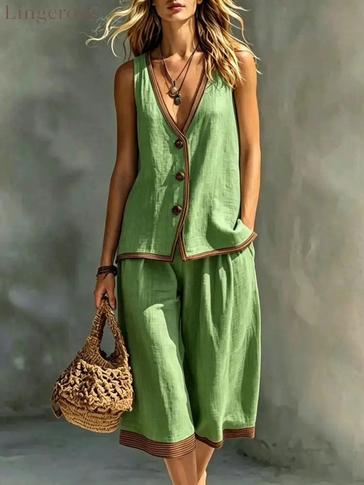 Linen Contrast‑Trim Vest & Culottes Two‑Piece Set - Grass green / XS
