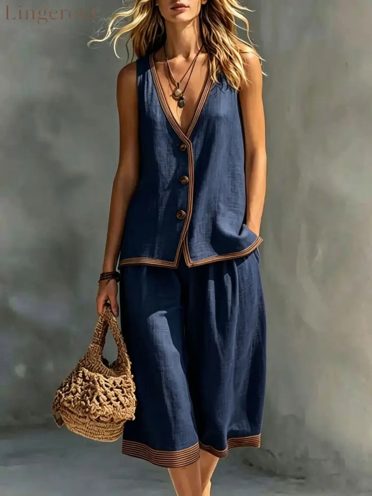 Linen Contrast‑Trim Vest & Culottes Two‑Piece Set - Navy blue / XS