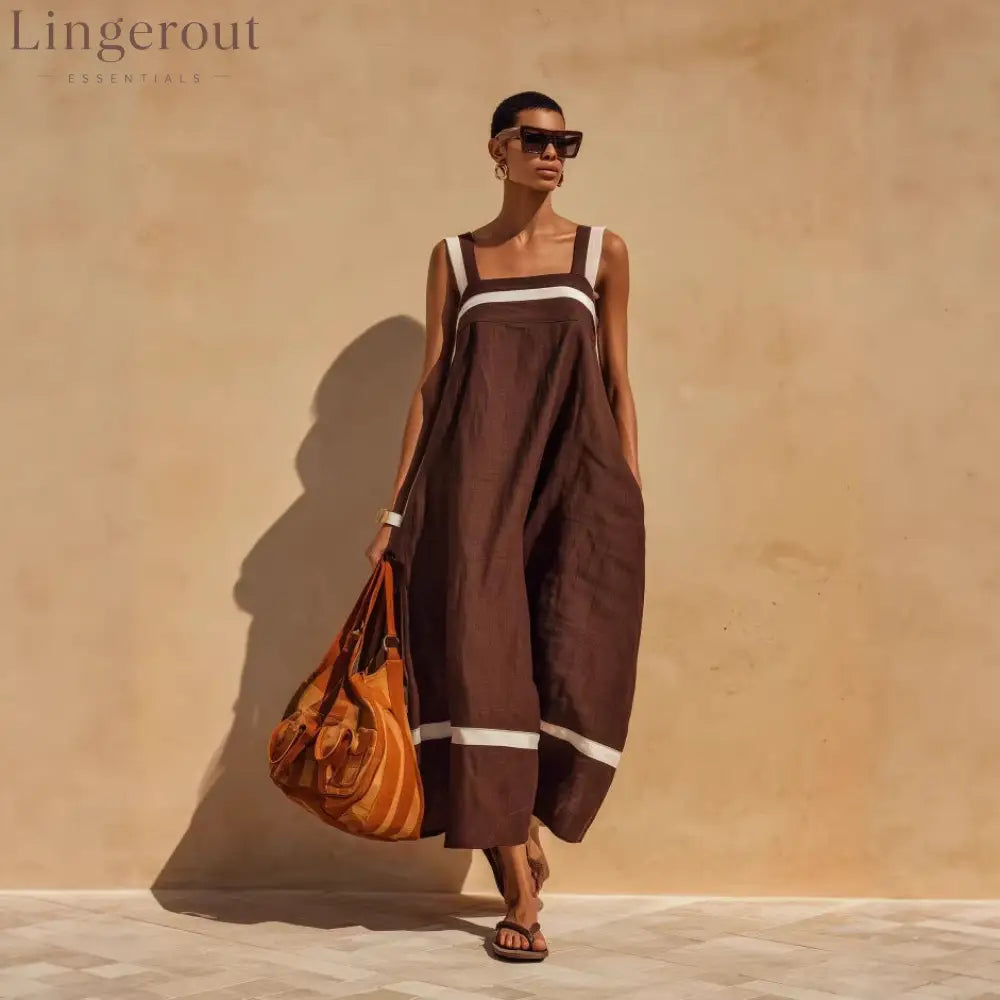 Linen Contrast White Stripe Square Neck Midi Skirt Set